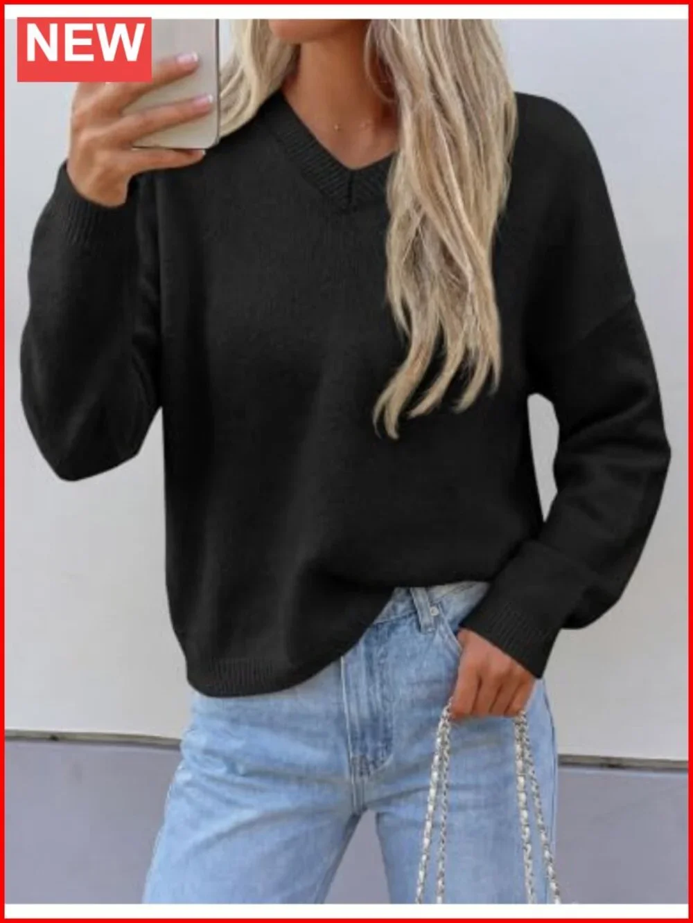 Women's Cozy V Neck Pullover Sweater Long Sleeve Knit Top